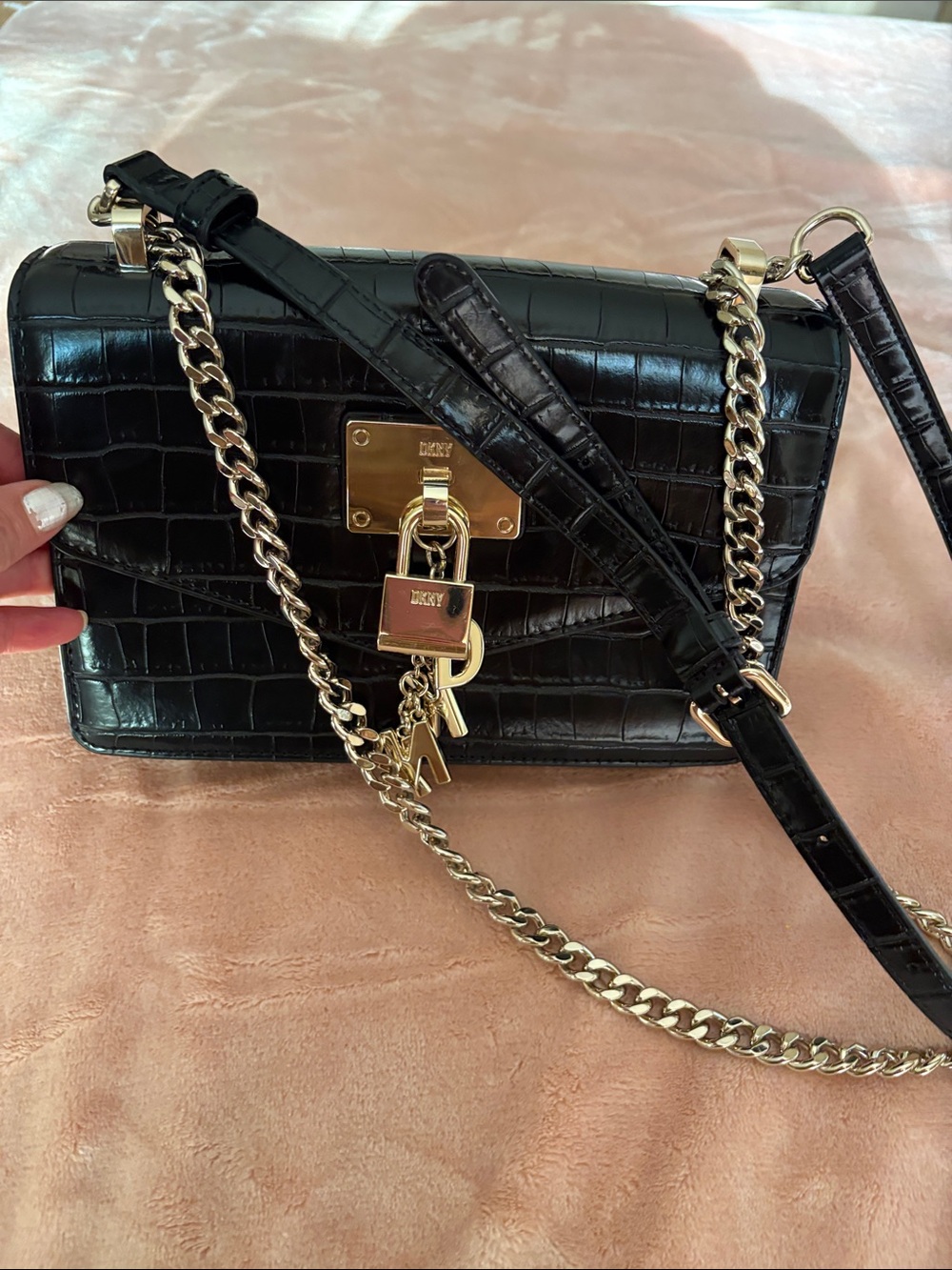 DKNY Black Croc-Embossed Leather Crossbody with Gold Hardware
